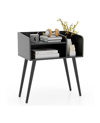 Gouun Mid Century Modern Nightstand with Two-Tier Open Shelves and Side Shelf