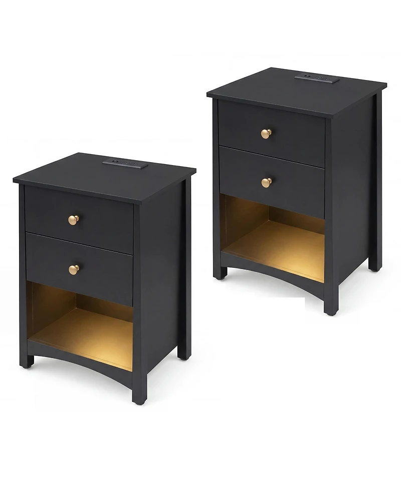 homfan 2 Set of Nightstand with Power Outlets | Open Storage and Led Light Strip, Modern Mid Century Bed Table Drawers,