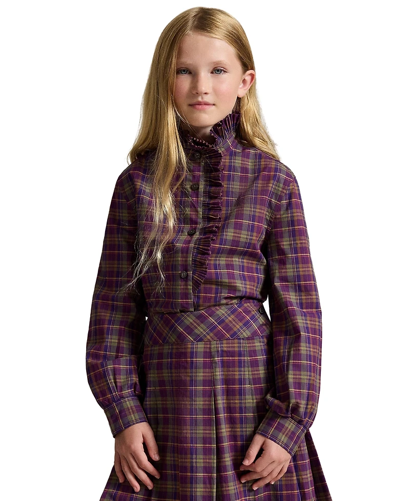 Polo Ralph Lauren Girls' 7-16 Plaid Ruffled Cotton Poplin Top