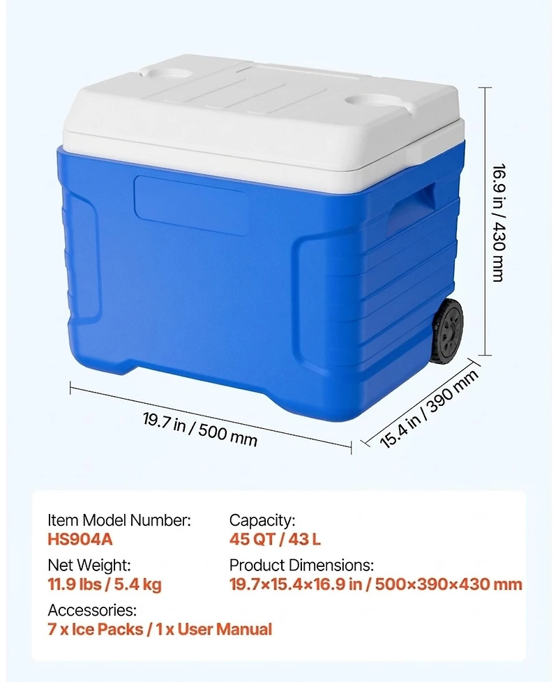 Sugift 45QT Portable Rolling Hard Cooler with Wheels Leak-Resistant 48 Hour Ice Retention Insulated Chest