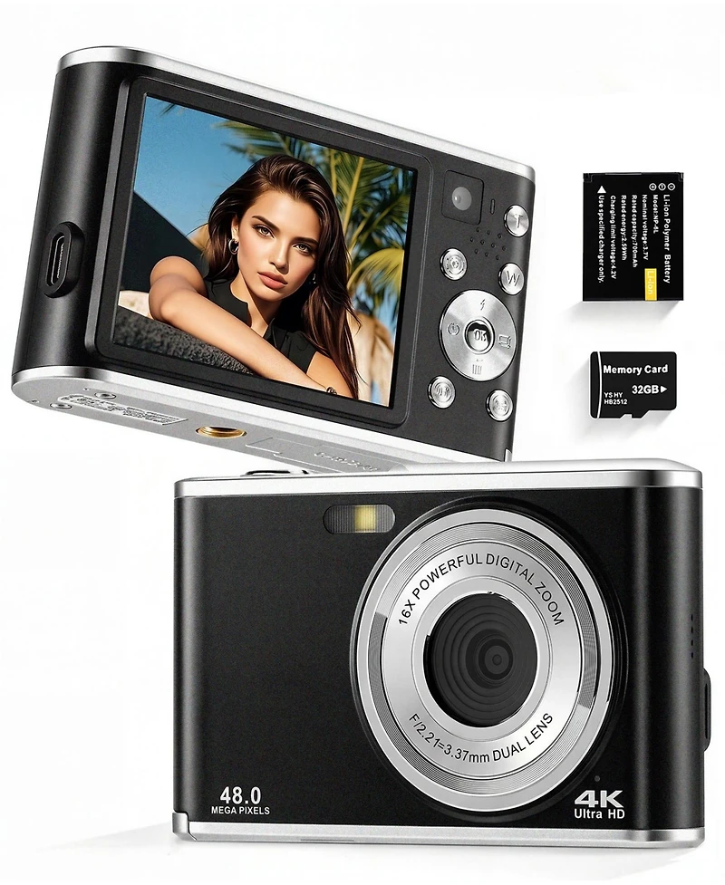 Sugift 4K Digital Camera 48MP Autofocus 16X Zoom Anti-Shake for Photography Vlogging with 32GB Card