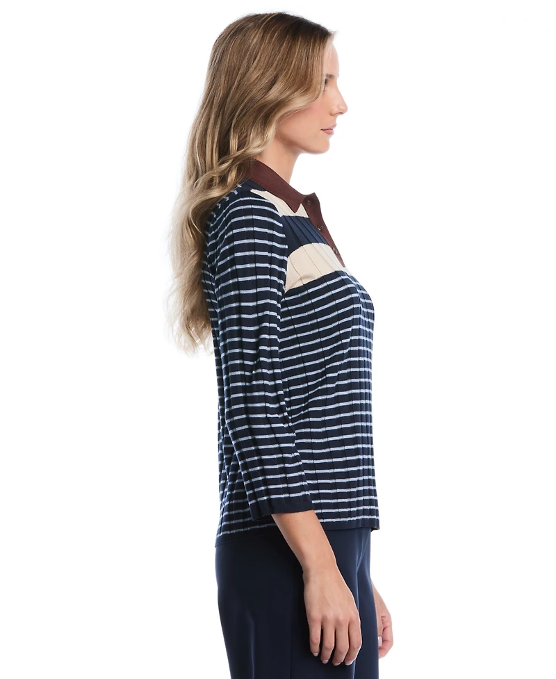 Rafaella Petite Striped Polo 3/4-Sleeve Sweater