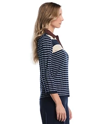 Rafaella Petite Striped Polo 3/4-Sleeve Sweater