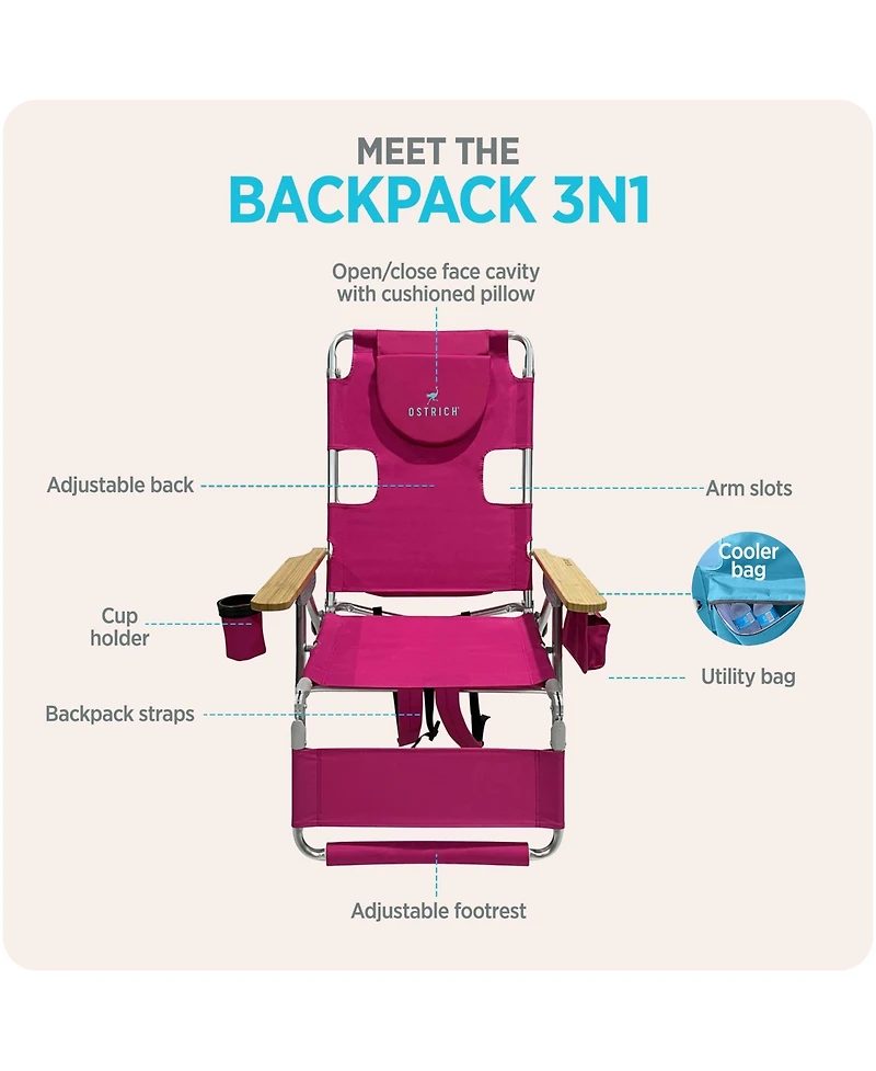 Ostrich The Woody Backpack 3N1 Chair Cooler Bag and Reclining Lounger, Pink