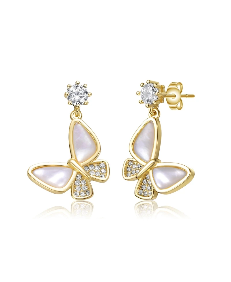 Rachel Glauber 14K Gold Plating with Mother of Pearl Clear Cubic Zirconia Butterfly Drop Earrings