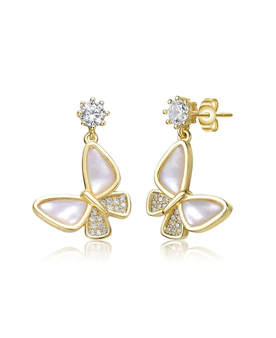 Rachel Glauber 14K Gold Plating with Mother of Pearl Clear Cubic Zirconia Butterfly Drop Earrings