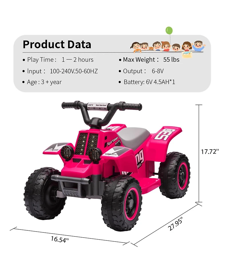 homfan Electric 4-Wheeler Ride On Atv, 6V Battery Powered, 1.76MPH Max Speed, Rubber Handles, Push-Button Accelerator