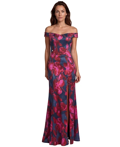 Rene Ruiz Occasion Women's Off The Shoulder Printed Scuba Fit and Flare Gown
