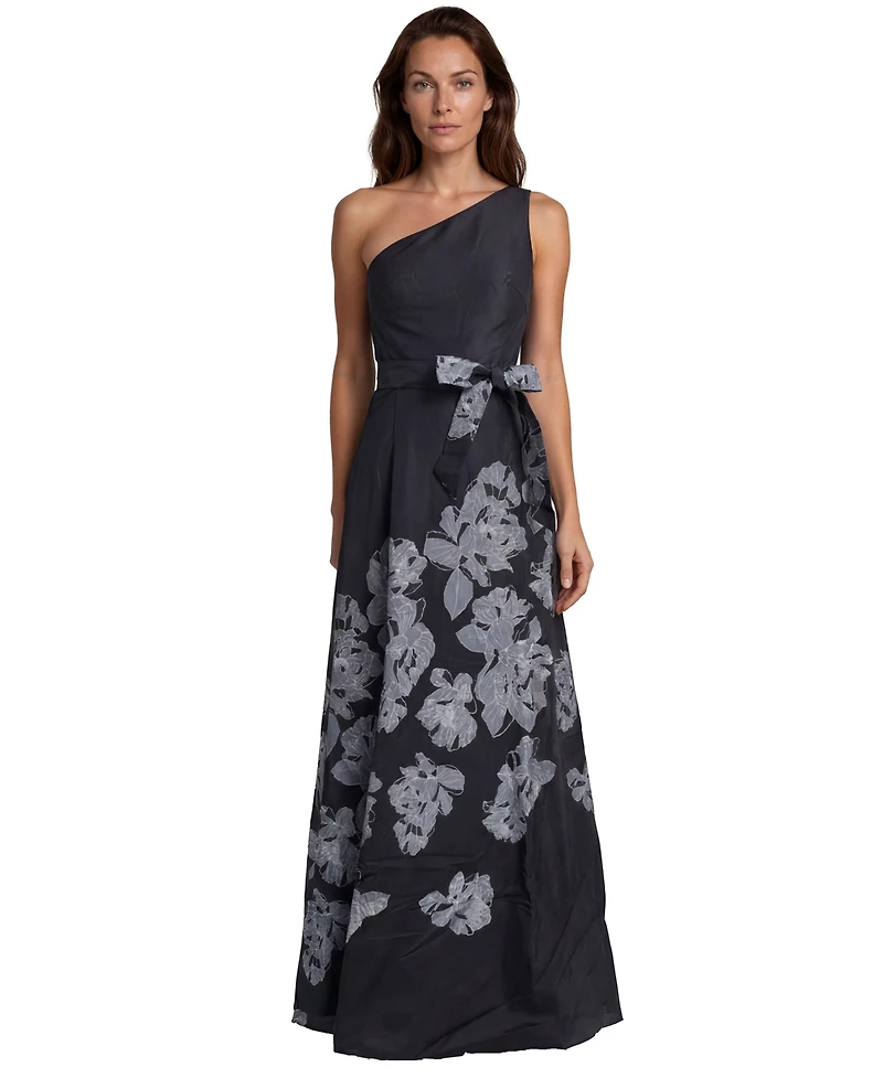 Rene Ruiz Occasion Women's One Shoulder Floral Border Print Mikado A-Line Gown