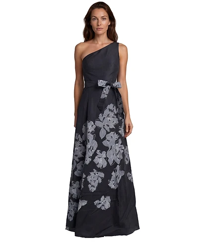 Rene Ruiz Occasion Women's One Shoulder Floral Border Print Mikado A-Line Gown