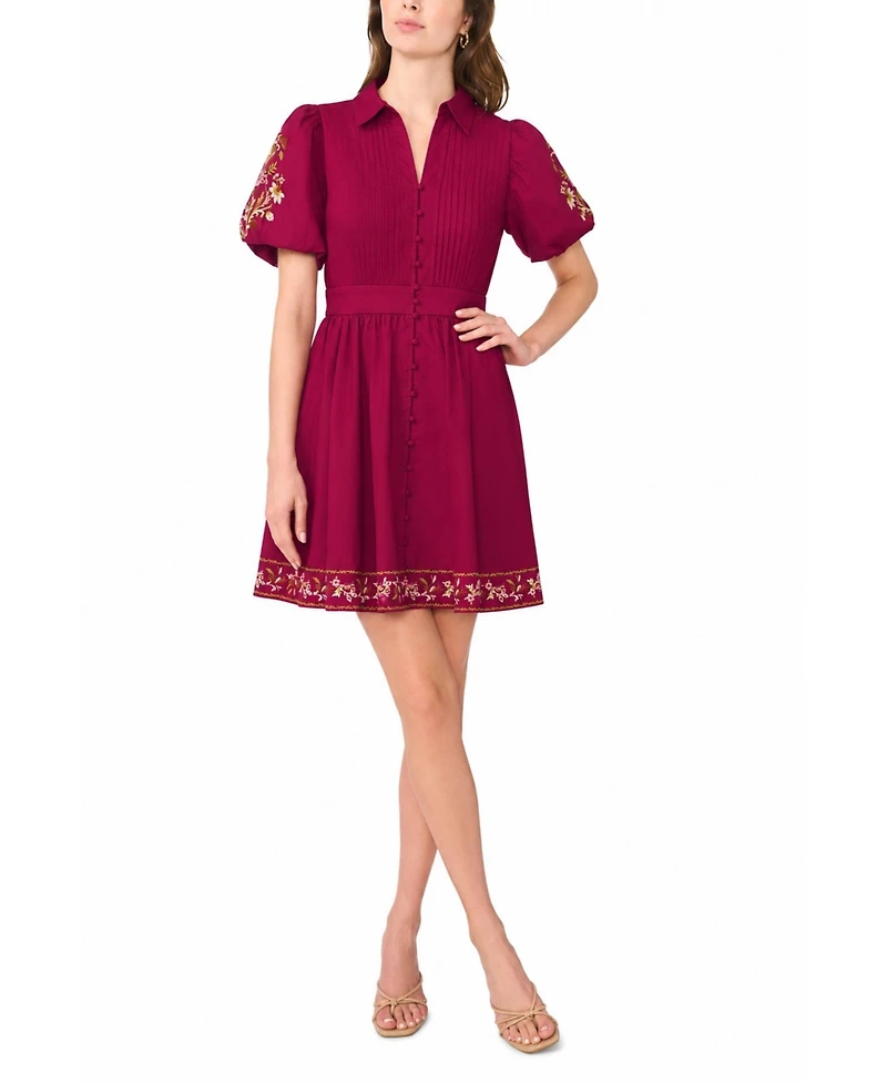 CeCe Women's Embroidered-Pintuck Puff-Sleeve Mini Dress