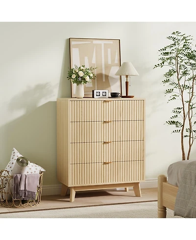 homfan 4 Drawer Dresser, Mid Century Modern Dresser Drawers, Waveform Fluted Side Table, Wood Drawer Organizer for Bedroom Living Room, Hallway