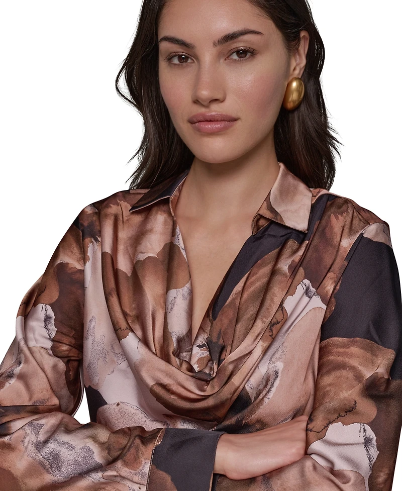 Donna Karan New York Women's Petite Print Long-Sleeve Cowl Neck Blouse