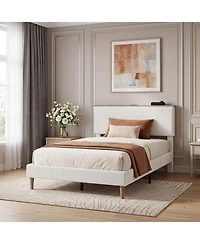 homfan Bed Frame Headboard, Upholstered Platform Bed Frame, Corduroy Storage Headboard, Charging Station, Led Lights, Noise Free