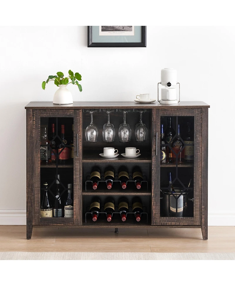 homfan Farmhouse Wine Bar Cabinet with Led Light, Wood Storage Cabinet with Glass Doors, Adjustable Shelves, Wine and Coffee Station for Home Bar