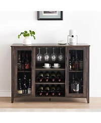 homfan Farmhouse Wine Bar Cabinet with Led Light, Wood Storage Cabinet with Glass Doors, Adjustable Shelves, Wine and Coffee Station for Home Bar