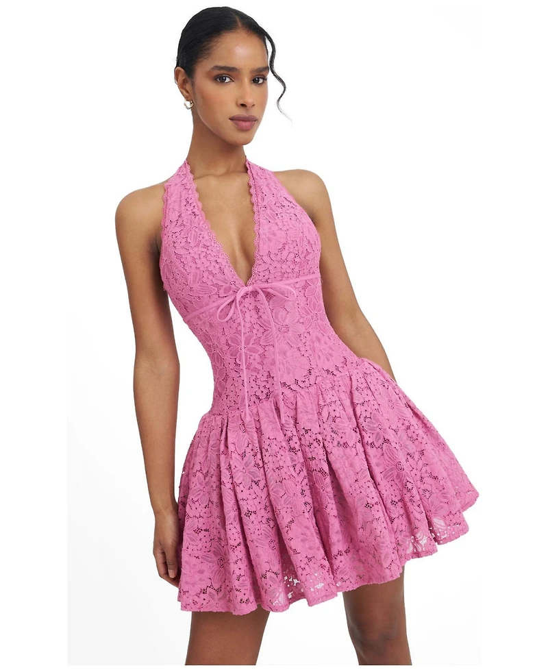 Miss Circle Women's Karla Magenta Lace Drop Waist Halter Mini Dress