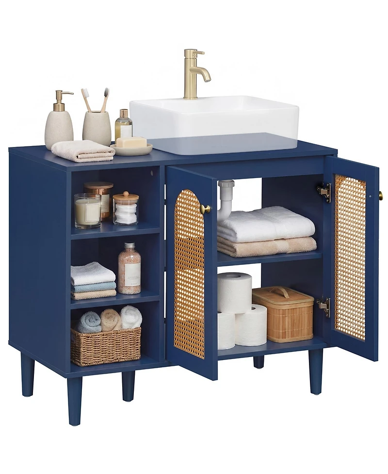Costway 36" Under Sink Cabinet, Boho Sink Base with Rattan Doors
