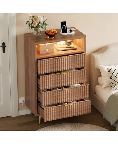 gaomon 4-Drawer Bedroom Dresser with Led Lights and Charging Station, Fluted Wood Chest of Drawers with Gold Handles and Open Shelf, Modern Tv Stand