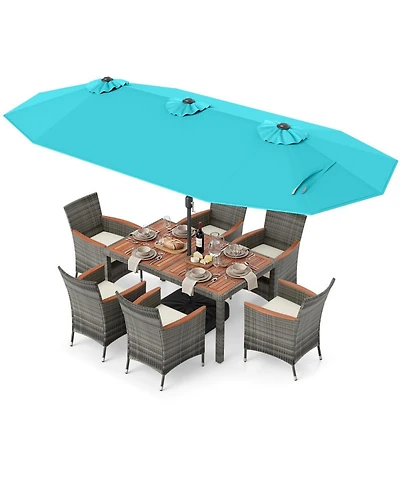 Gouun 8-Piece Outdoor Wicker Dining Set with 13.5 Ft Double-Sided Patio Umbrella