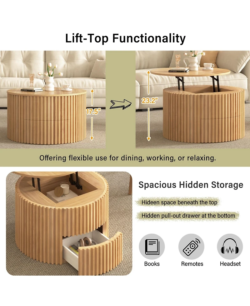 Flynama Round Lift Top Coffee Table Storage Fluted Wood Mdf Solid Wood Living Room Table