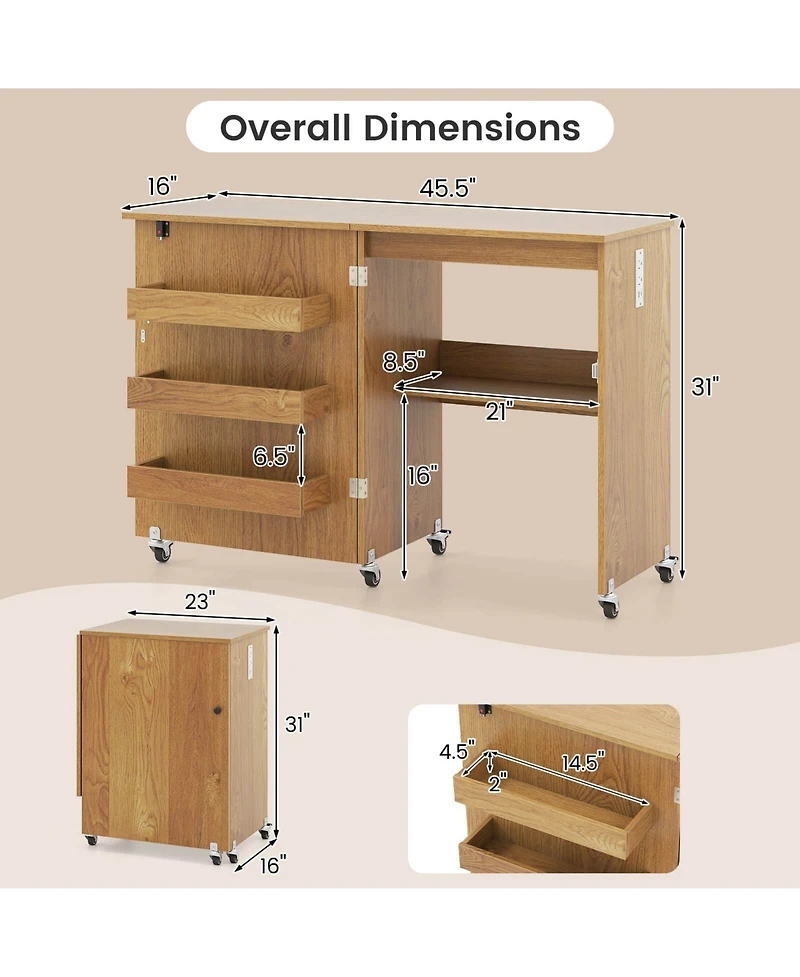 Costway Folding Sewing Table Rolling Craft Station with 3 Storage Bins