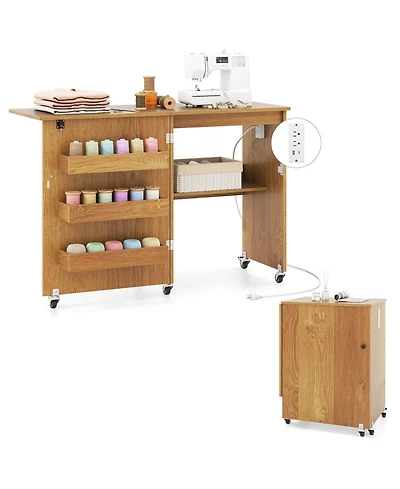 Costway Folding Sewing Table Rolling Craft Station with 3 Storage Bins