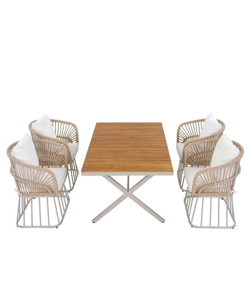 Asagikoiai 5-Piece Outdoor Dining Set, Wood Table and 4 Woven Rope Chairs with Steel Frame