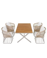 Asagikoiai 5-Piece Outdoor Dining Set, Wood Table and 4 Woven Rope Chairs with Steel Frame
