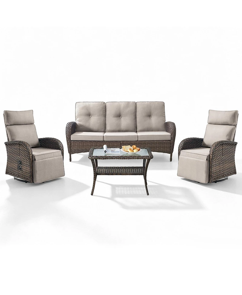 Pocassy 4 Piece Wicker Patio Furniture Set, Outdoor Swivel Recliner Chair with 3-Seat Sofa, Coffe Table, All-Weather Conversation Set