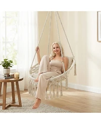 Costway Macrame Swing Chair with 2 Removable Cushions, Enduring Polyester Cotton Ropes