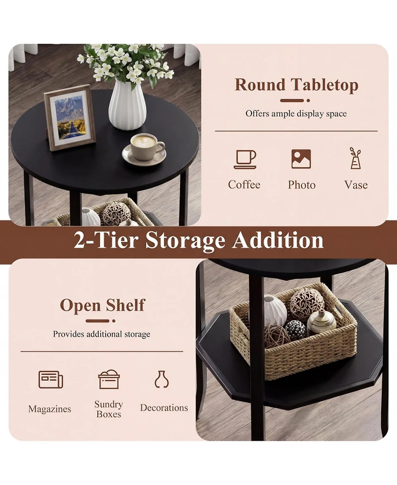 Sugift Round 2-Tier Side End Table with Open Storage Shelf and Steel Frame