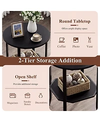Sugift Round 2-Tier Side End Table with Open Storage Shelf and Steel Frame