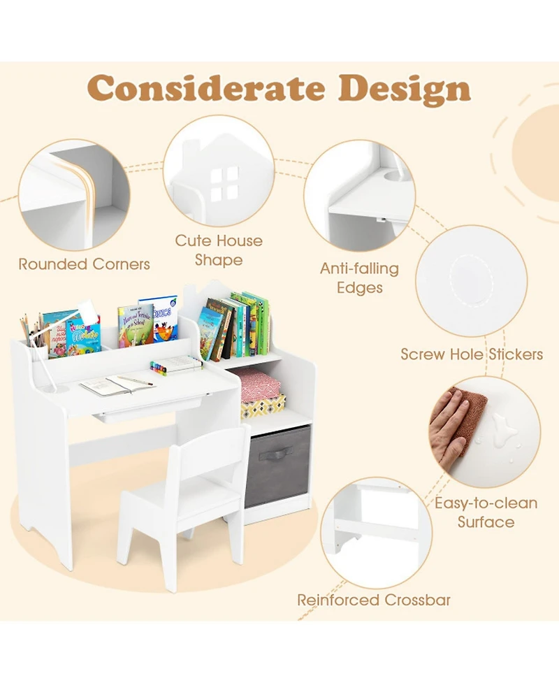 Sugift Kids House-Shaped Study Desk and Chair Set with Storage Shelves and Fabric Bin