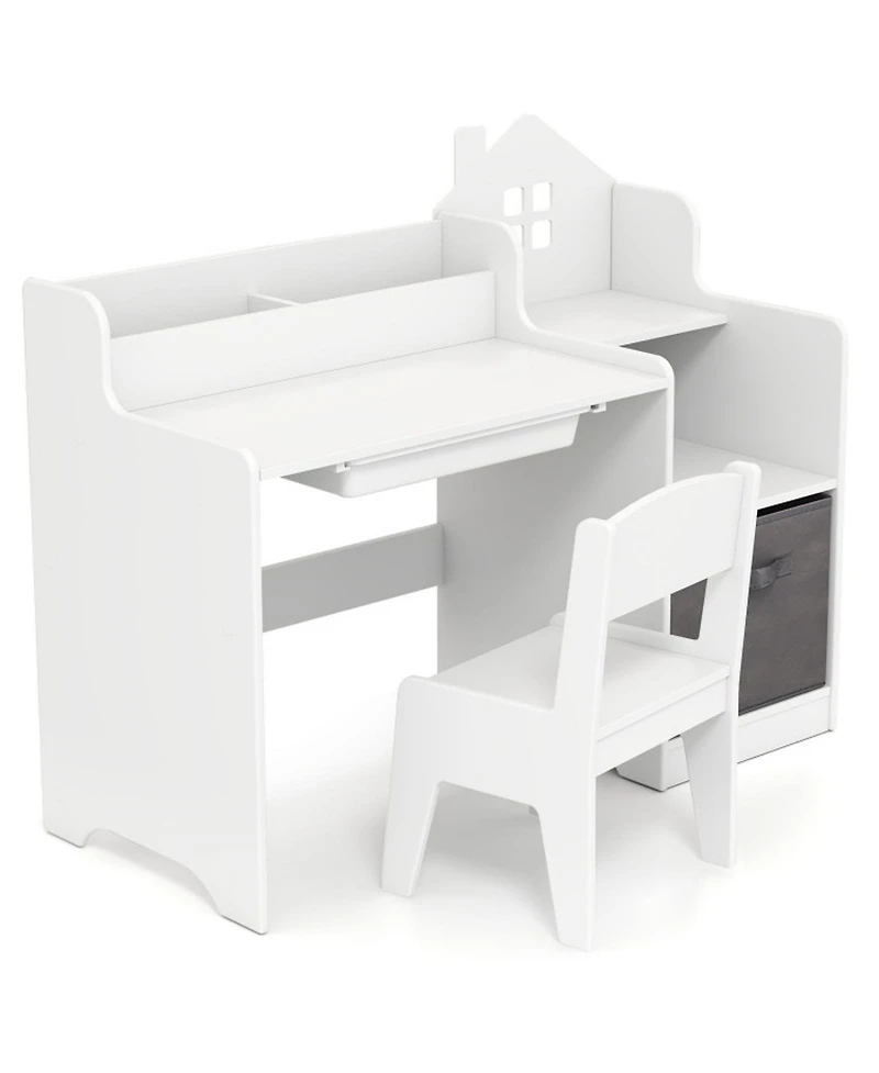Sugift Kids House-Shaped Study Desk and Chair Set with Storage Shelves and Fabric Bin