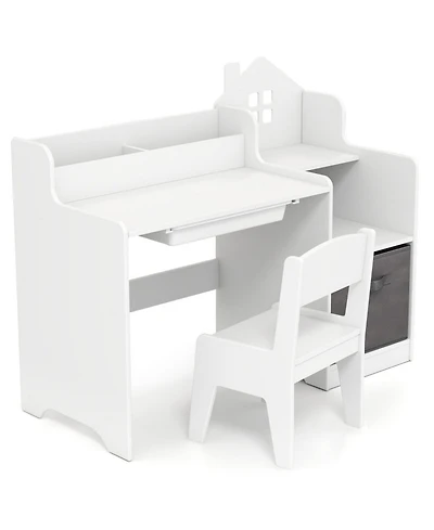 Sugift Kids House-Shaped Study Desk and Chair Set with Storage Shelves and Fabric Bin