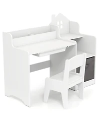 Sugift Kids House-Shaped Study Desk and Chair Set with Storage Shelves and Fabric Bin