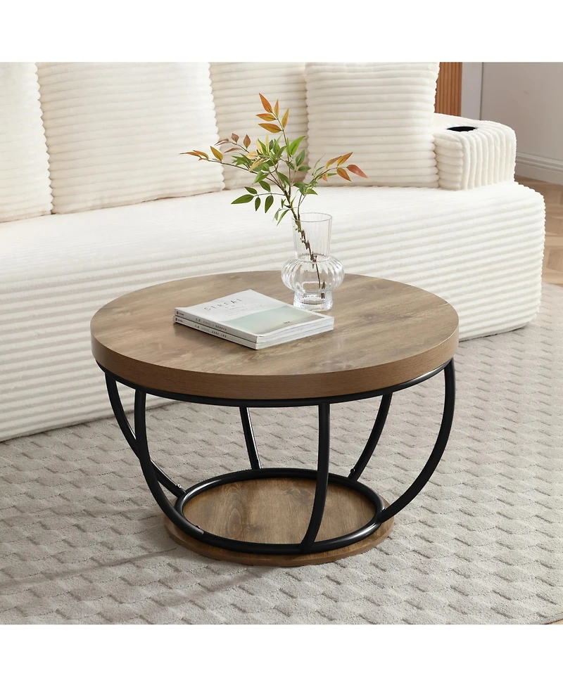 Flynama 31" Round 2-Tier Industrial Coffee Table, Wood and Metal