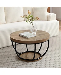 Flynama 31" Round 2-Tier Industrial Coffee Table, Wood and Metal