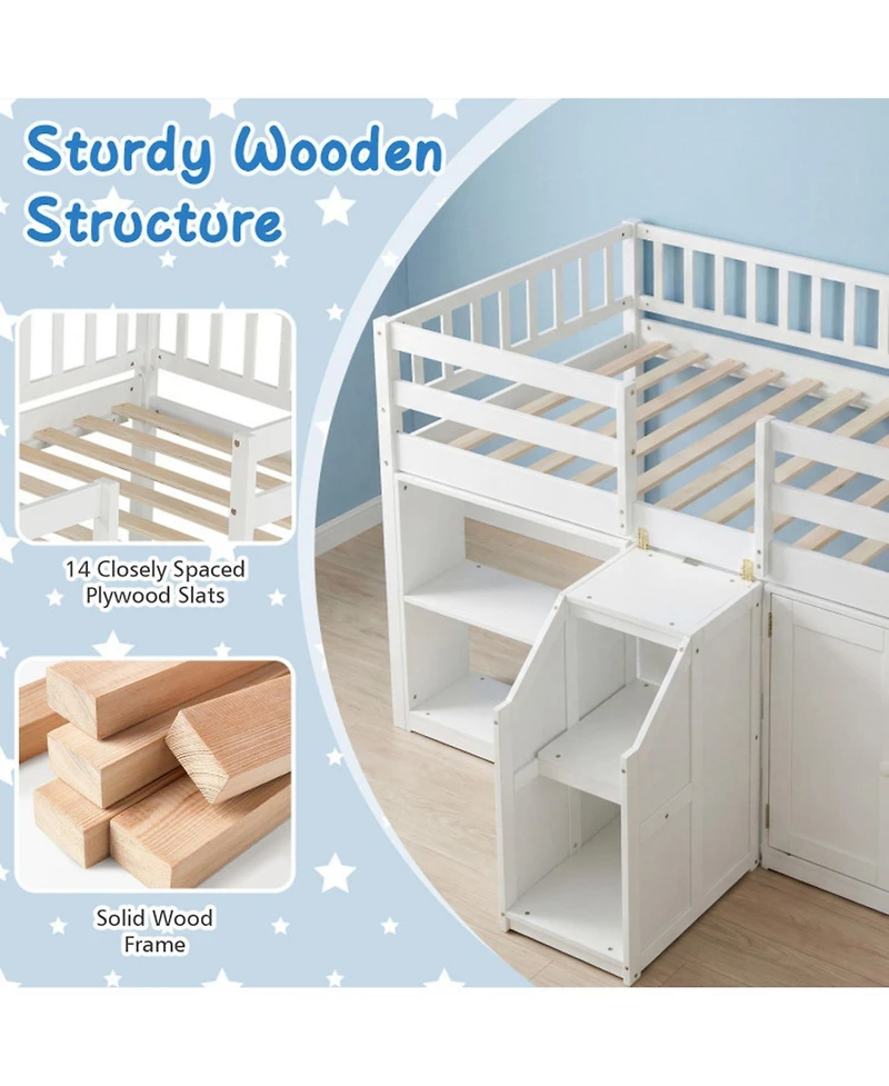 Sugift Twin Size Loft Bed with Led Lights and Wooden Bed Frame for Kids