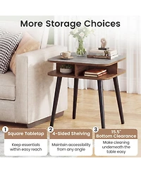 Sugift Square Faux Marble End Table with 4-Sided Open Shelves and Rubber Wood Legs