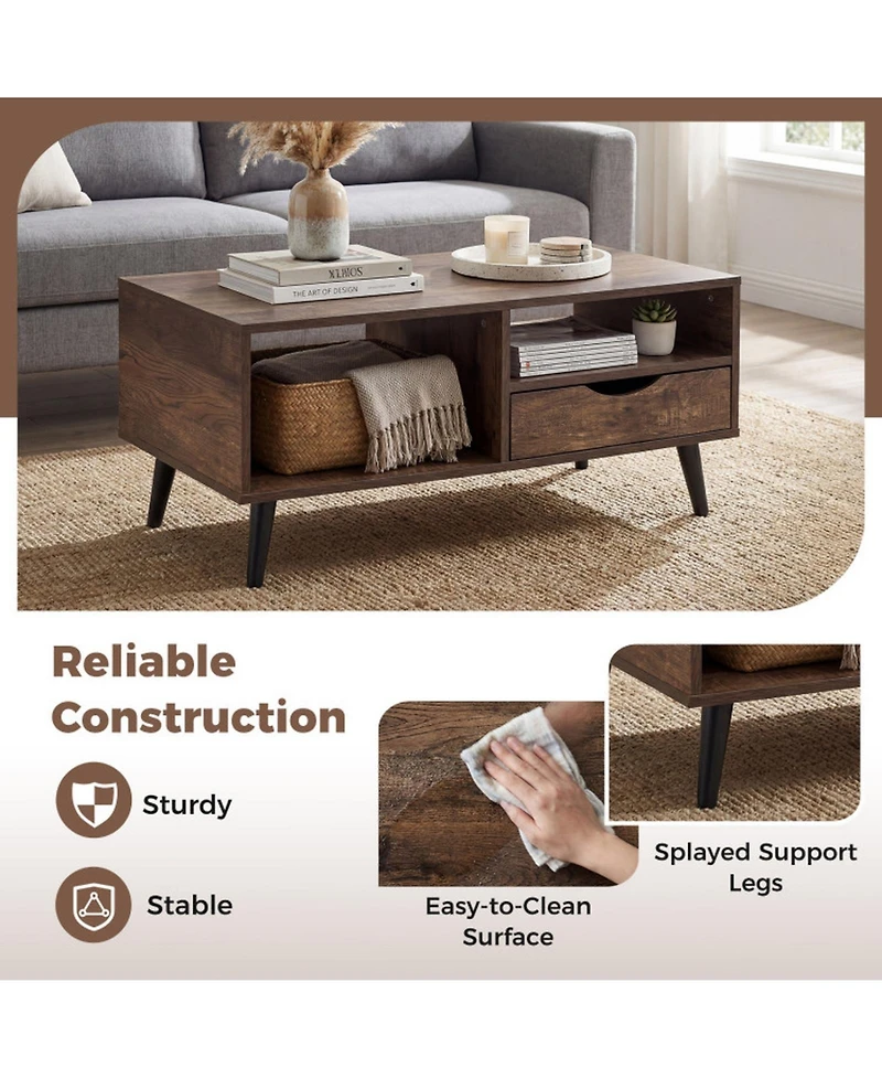 Sugift Rectangle Coffee Table with Storage Drawer and Open Shelves