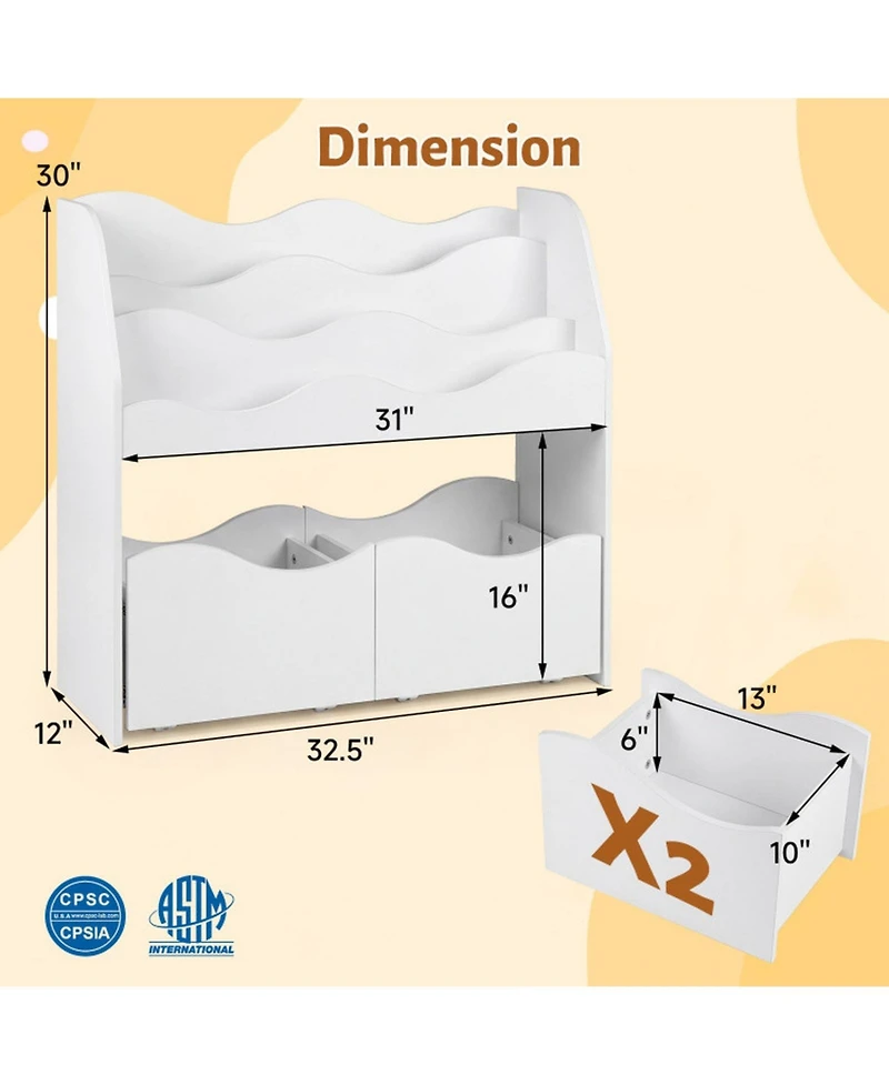 Sugift Kids 3-Tier Bookshelf and Toy Organizer with 2 Rolling Drawers