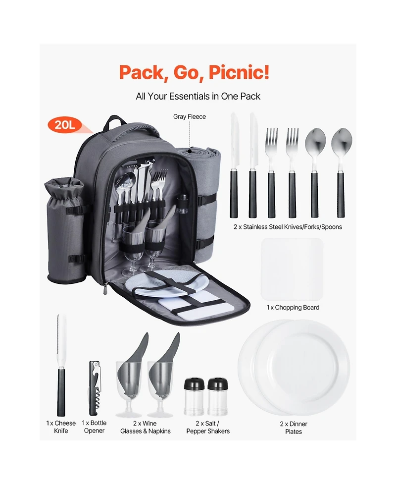 Sugift 2 Person Picnic Backpack with Insulated Cooler Detachable Bottle Holder Blanket Plates and Cutlery