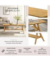Flynama Mid Century Modern Wood Coffee Table with Storage Shelf Mdf Veneer Rubberwood Base