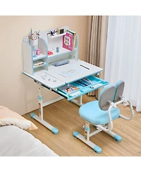 Slickblue Children's Study Desk and Chair Set with Adjustable Height, Bookshelf Tilting Desktop