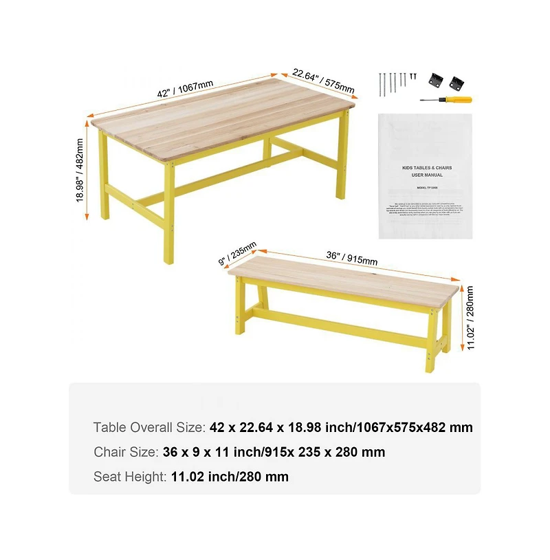 Slickblue Kids Activity Table with 2 Benches, Wooden Study and Craft Table for Toddlers and Children