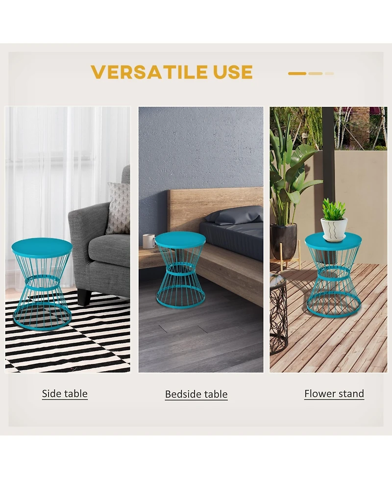 Outsunny 16" Steel Patio End Table, Side Table with Hourglass Design, Accent Table for Outdoor and Indoor Use, Blue