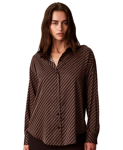 Calvin Klein Women's Petite Geometric-Print Flat Satin Long-Sleeve Blouse