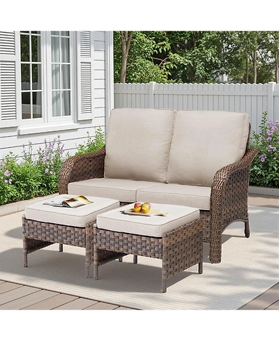 Pocassy Patio Furniture Set, Wicker Loveseat with 2 Ottomans for Backyard